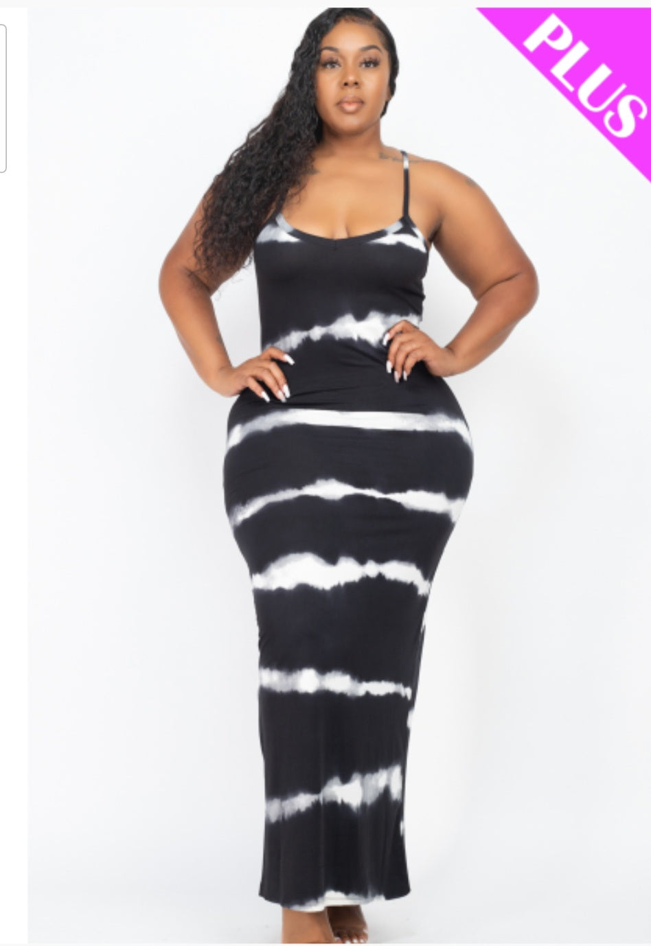 Plus Stripe Tie-Dye Printed Maxi Dress (black & white only)