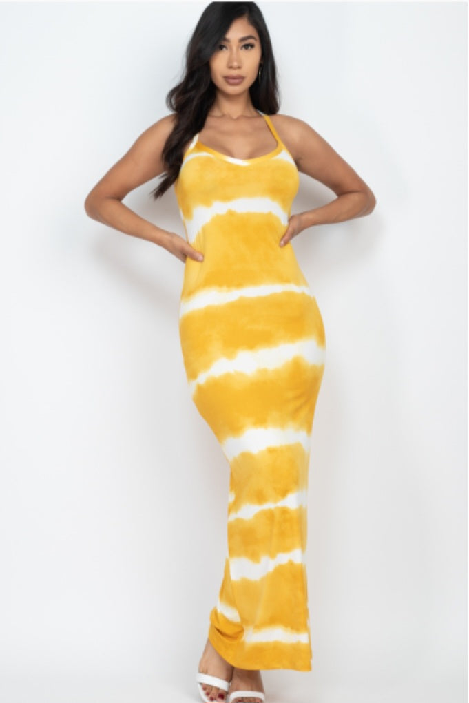 Stripe Tie-Dye Printed Maxi Dress (Mustard Color Only)